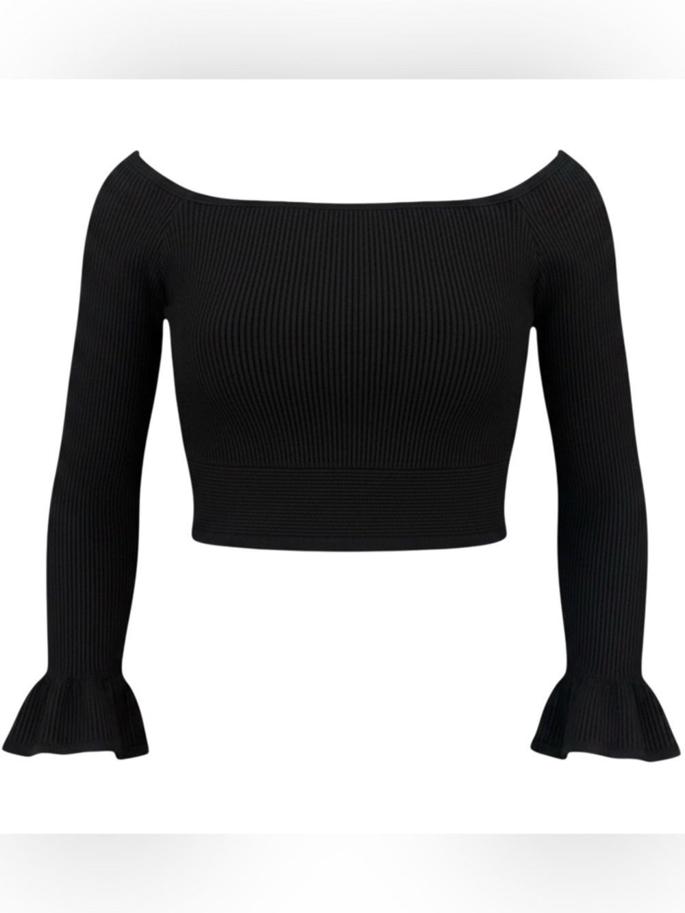 Endless Rose Black Ribbed Off-Shoulder Cropped Sweater | Ruffle Sleeve Sz Small